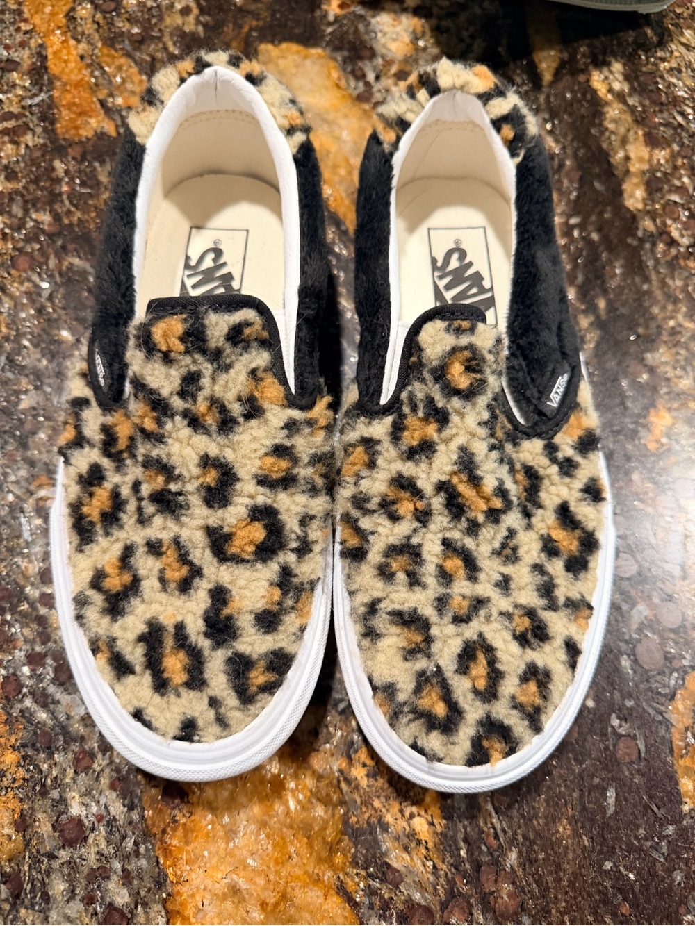Vans Leopard Faux Fur Slip-On Sneakers in Black and Tan